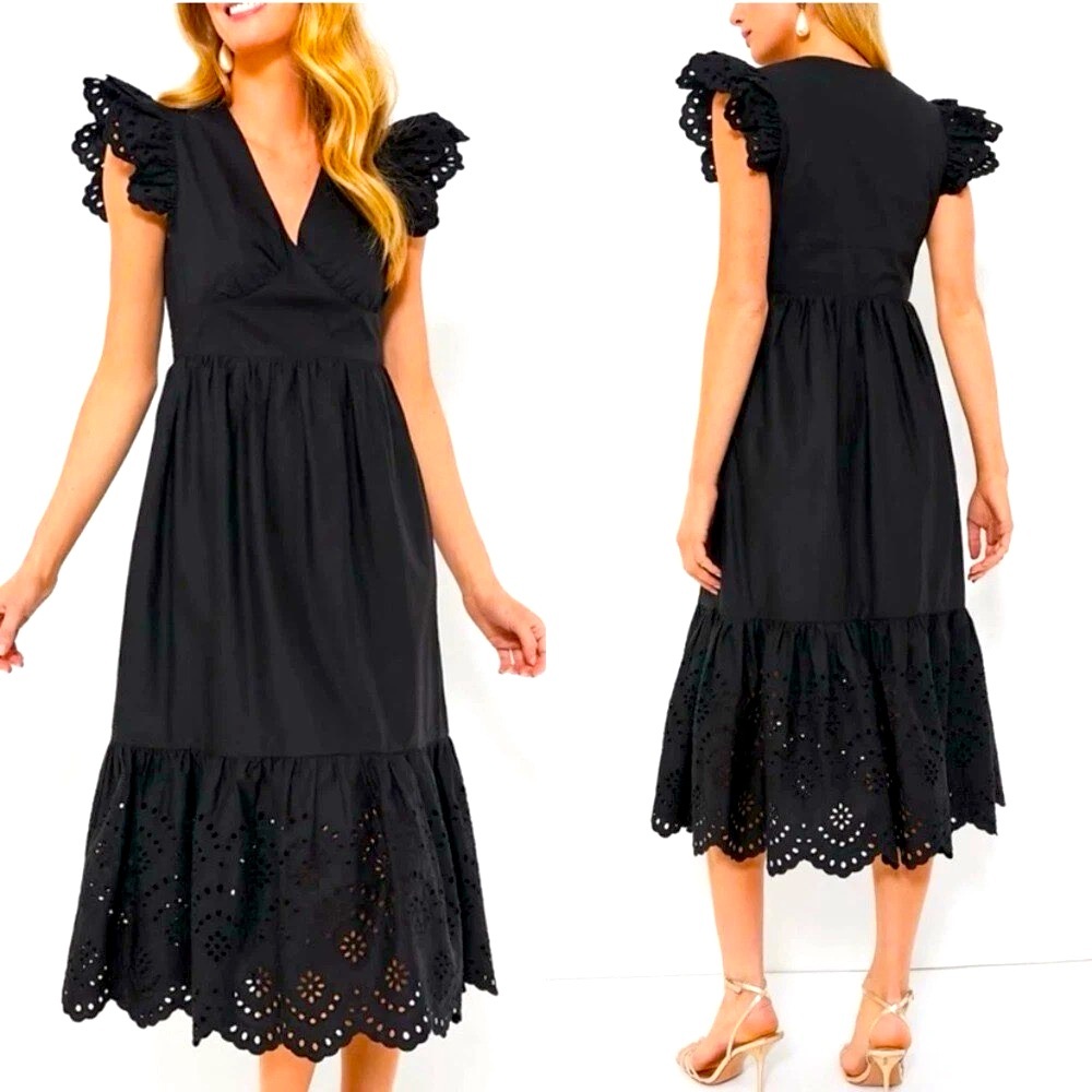 HYACINTH HOUSE Black Eyelet Marshall Midi Dress Size XS